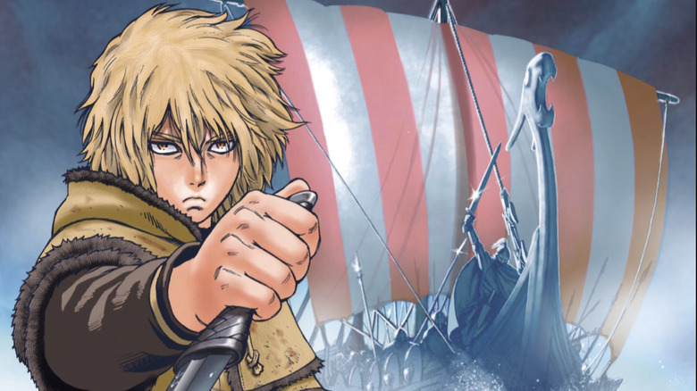 Vinland Saga volume 1 cover teenage Thorfinn holding knives with ship background