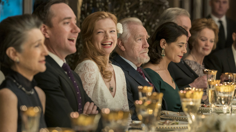 Succession Shiv in focus, sitting alongside (L-R) Caroline, Tom, Logan, and Marcia